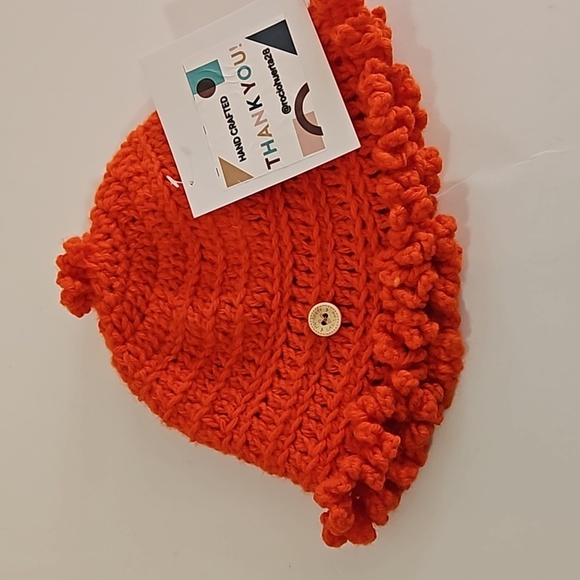 Hand Knit Crochet Bucket Hat Orange Floral Ruffle - Picture 4 of 17